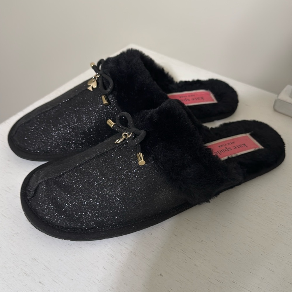 Kate Spade Women’s Lacey Mule Slippers / Black Glitter/ Faux Fur / Size 7-1/2(8)